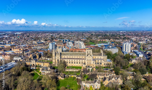 An aerial view towards the cathedral and centre of Peterborough, UK on a bright sunny day © Nicola