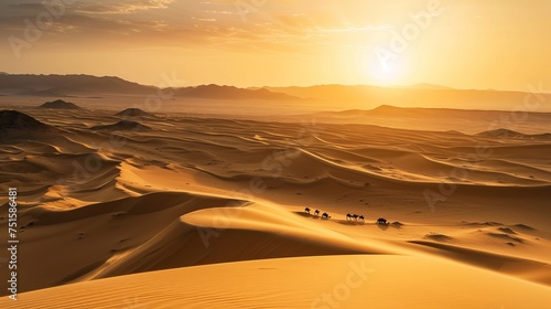 Golden Hour Trek  Caravan of Camels in Desert Landscape with Mountainous Horizon