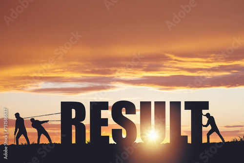 Silhouettes of people drawing the word RESULT on a sunset background, business concept