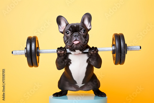 A dog lifting a barbell. Cute puppy French bulldog doing sport exercise with dumbbell on yellow background. Lifting weights, bodybuilding, gym promo, sports, fitness © Magryt