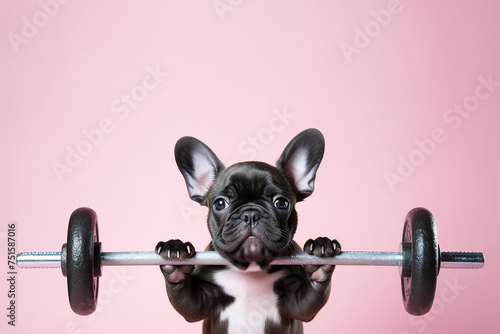 A dog lifting a barbell. Cute puppy French bulldog doing sport exercise with dumbbell on pink background. Lifting weights, bodybuilding, gym promo, sports, fitness © Magryt
