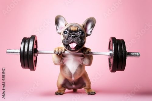 A dog lifting a barbell. Cute puppy French bulldog doing sport exercise with dumbbell on pink background. Lifting weights, bodybuilding, gym promo, sports, fitness © Magryt