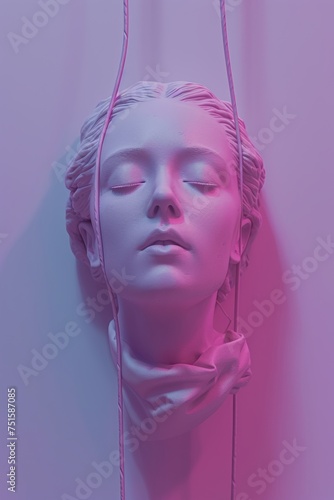 a close up classic sculpture robot face woman hanging with wires, still life composition,  lilac purplee palette minimalism, ceramic , futuristic	 photo