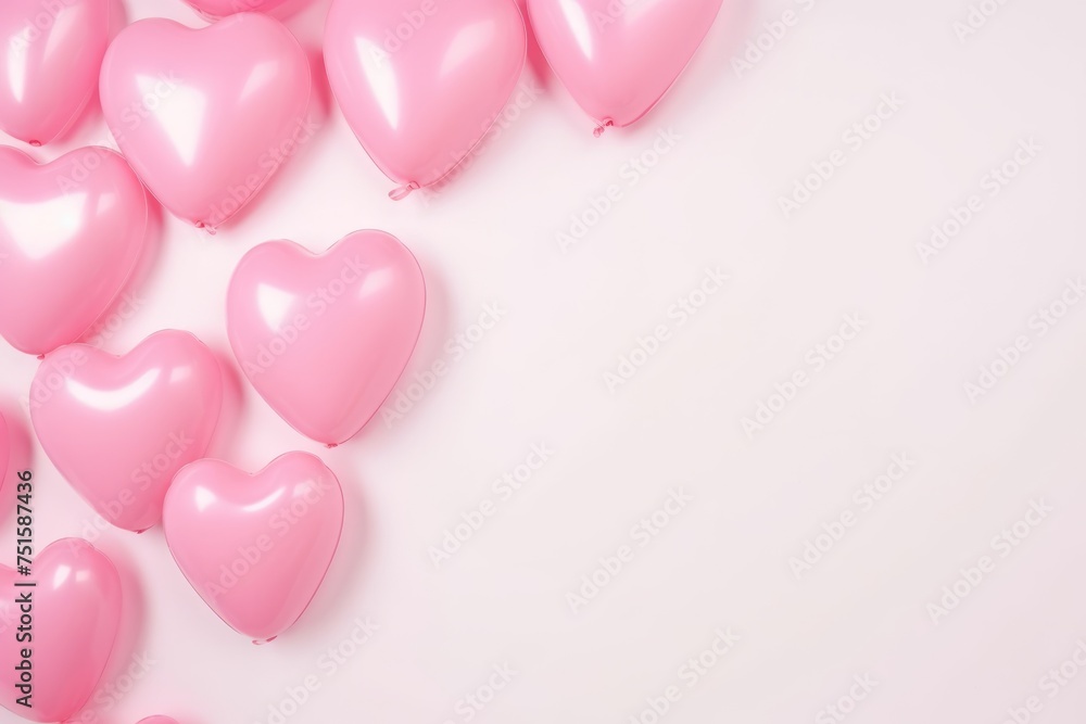 Multiple pink heart-shaped balloons floating against a serene blue backdrop, festive and cheerful.