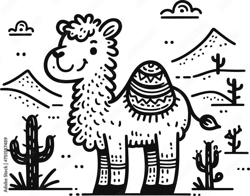camel in cute animal doodle cartoon, children mascot drawing, outline,	