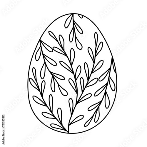 Easter egg with branches and leaves  doodle style flat vector outline for coloring book