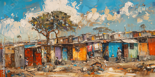 Colourful South African art with township village culture depicting informal housing settlement. Underprivileged Southern Africa squatter camp dwelling scene. photo