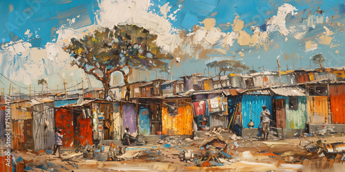 Colourful South African art with township village culture depicting informal housing settlement. Underprivileged Southern Africa squatter camp dwelling scene.
