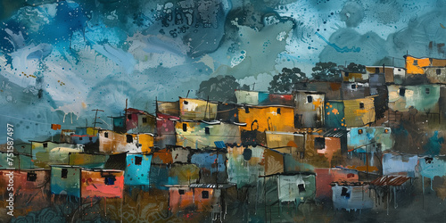 Colourful South African art with township village culture depicting informal housing settlement. Underprivileged Southern Africa squatter camp dwelling scene. photo