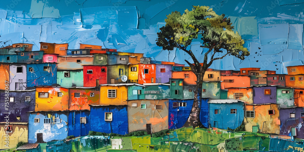 Colourful South African art with township village culture depicting informal housing settlement. Underprivileged Southern Africa squatter camp dwelling scene.