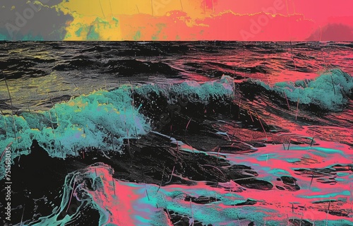 black and white picture of the sea waves, with neon  color patterns, poster wallpaper