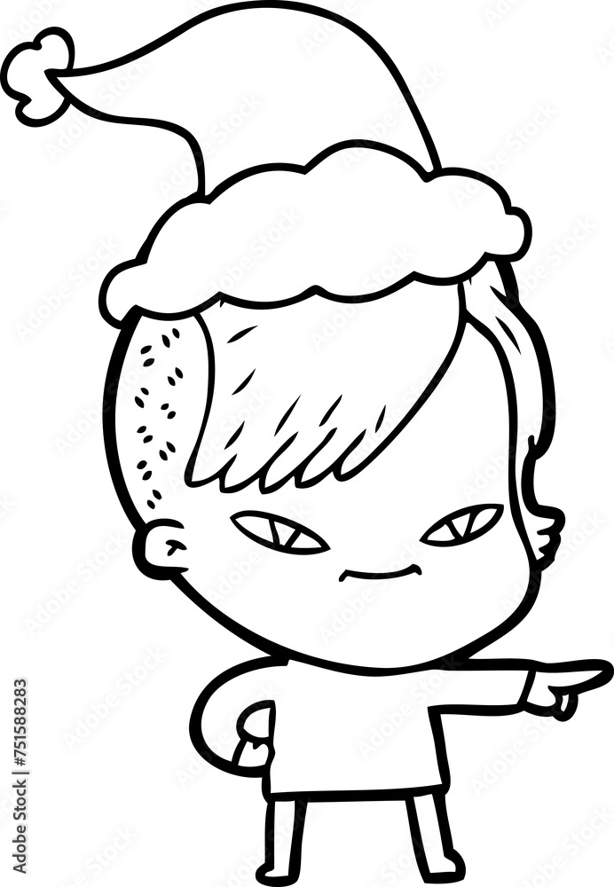 Obraz premium cute line drawing of a girl with hipster haircut wearing santa hat