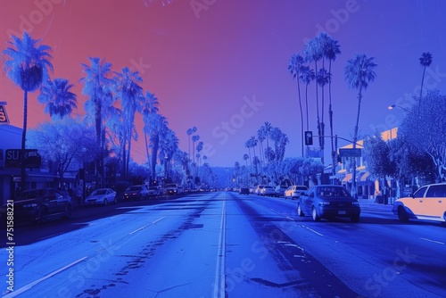 a blue and white image of a sunset boulevard with buildings and palms, neon digital art mood, poster, wallpaper, backgrounds, patterns