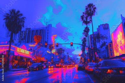 a blue and white image of a sunset boulevard with buildings and palms, neon digital art mood, poster, wallpaper, backgrounds, patterns photo