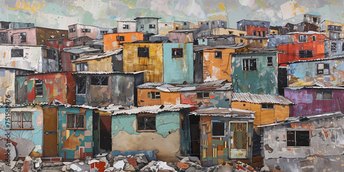 Colourful South African art with township village culture depicting informal housing settlement. Underprivileged Southern Africa squatter camp dwelling scene. © JoelMasson