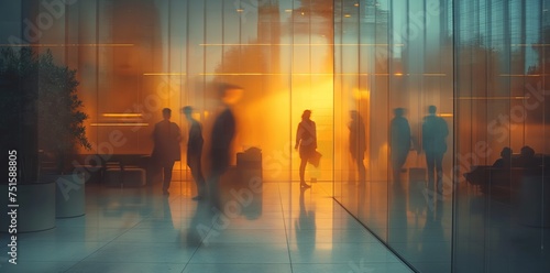 business, bokeh, abstract, background, blur, blurred, defocused, interior, hall, office.　blurred image of a large office space in the sun with business people going about their business. Generative Ai