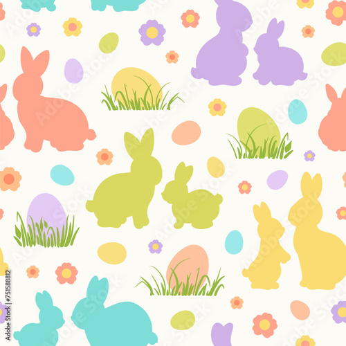 Cute rabbit mom and baby bunny spring seamless pattern. Easter eggs and rabbits and little bunnies repeat design. Colorful vector illustration bright pastel palette. Rabbit silhouette seamless design.