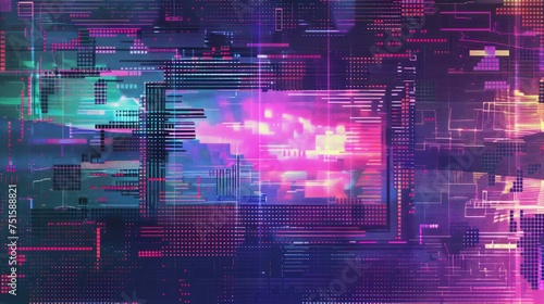 a glitchy illustration of an old television, colorful 80s aesthetics background, banner wallpaper concept design