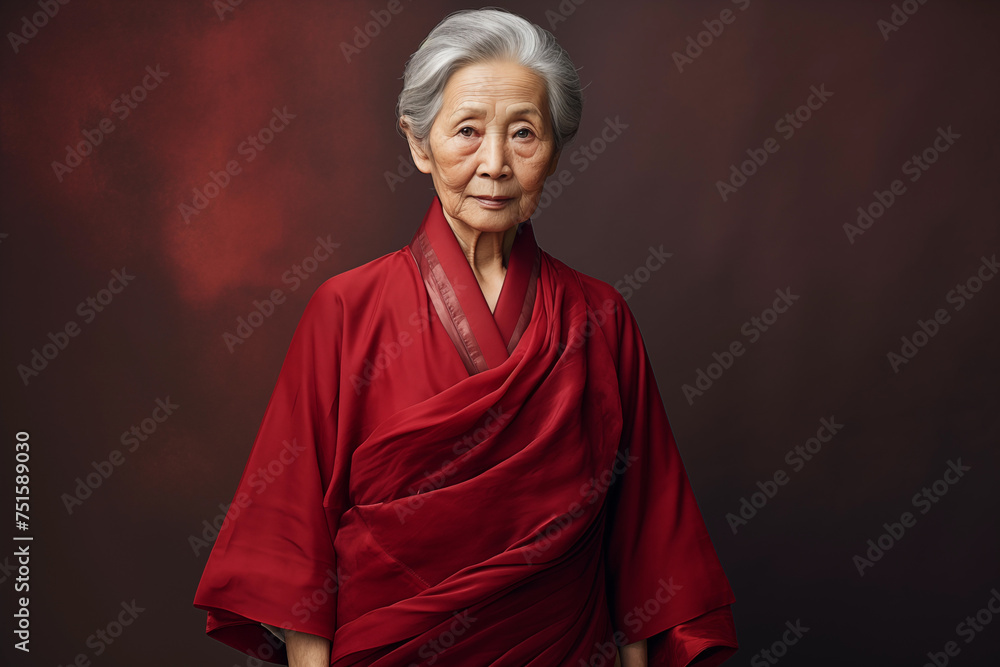 Resolute senior Asian woman wrapped in a red kimono with an intricate