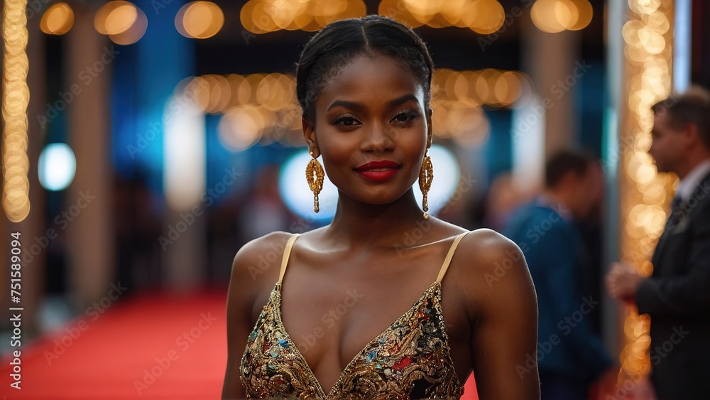 Potrait beautiful black model walking in red carpet Potrait beautiful black model walking in red carpet