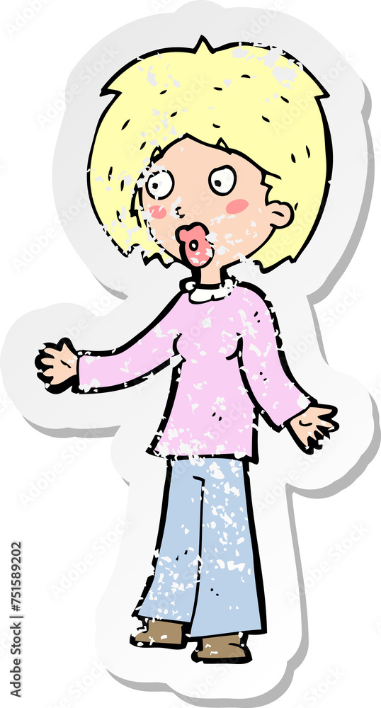 retro distressed sticker of a cartoon surprised woman retro distressed sticker of a cartoon surprised woman