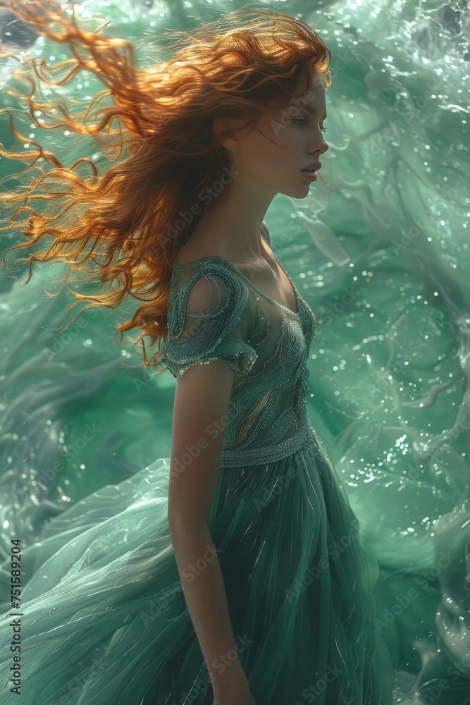A majestic image capturing a woman with flowing red hair in a sea green dress against a dynamic water backdrop
