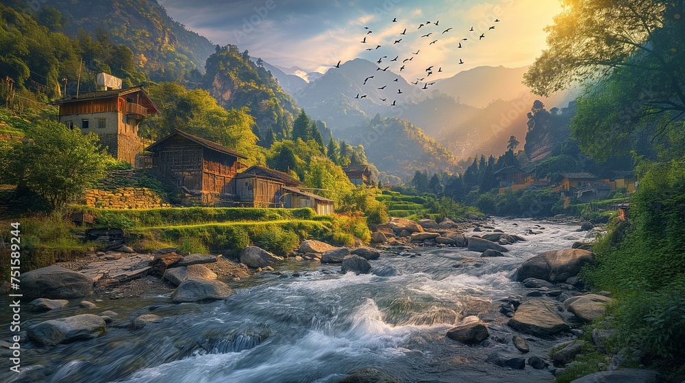Revel in the picturesque blend of mountain streams, charming villages, and the enchanting flight of birds, harmoniously framed by nature's exquisite canvas. - obrazy, fototapety, plakaty 