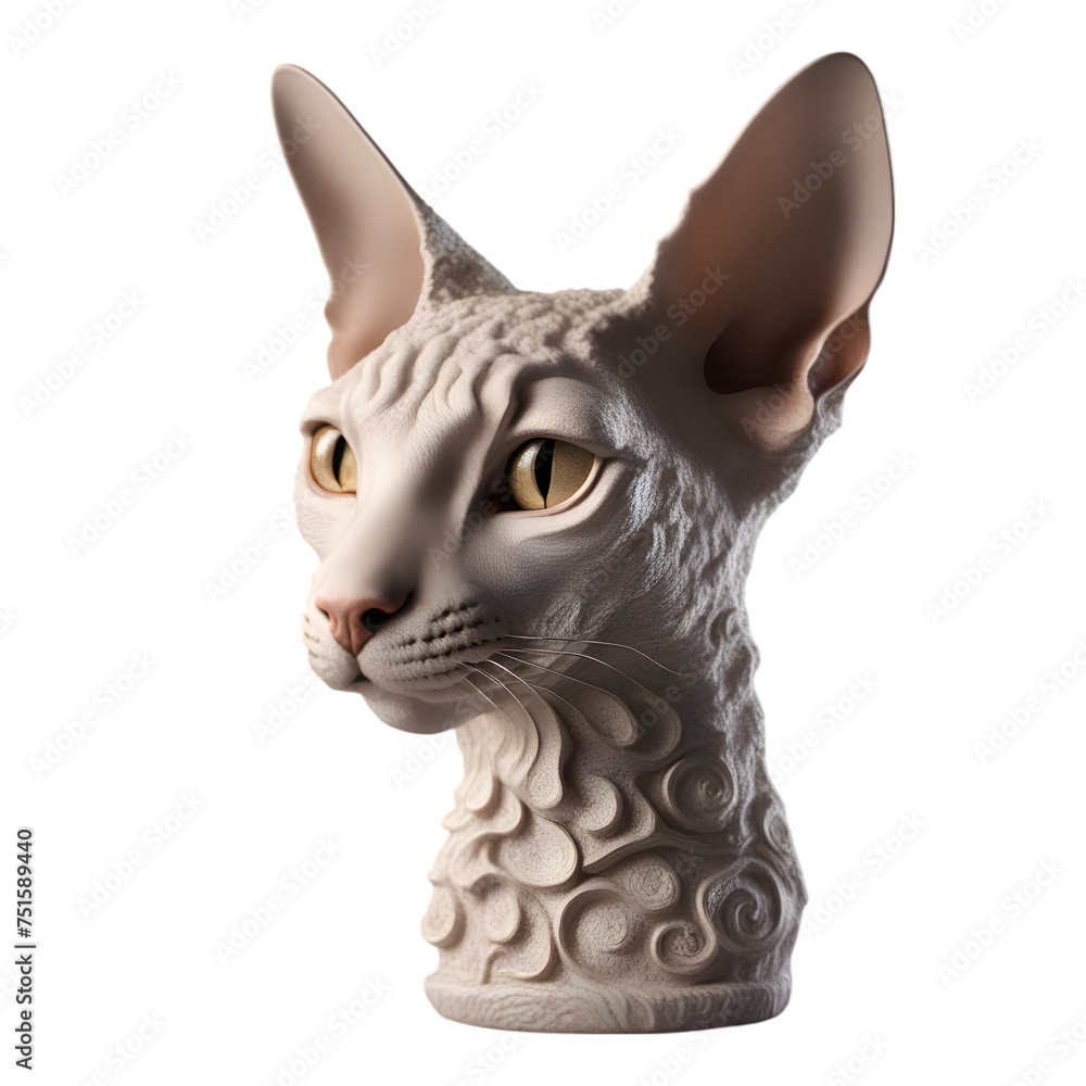 Cornish Rex Cat Head Sculpture Illustration Art on a Transparent Background Generative AI