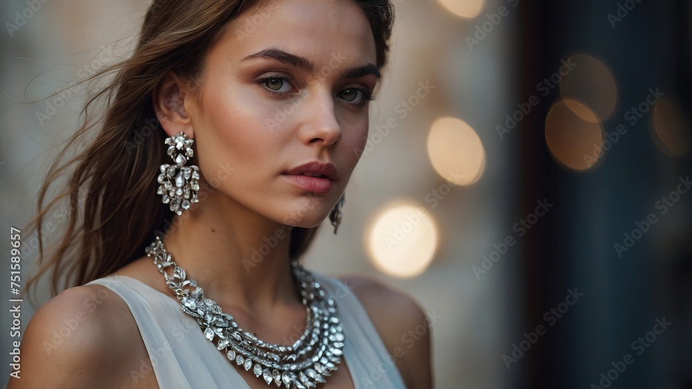 Portrait of a beautiful woman wearing elegant silver jewelry - earrings and necklace Portrait of a beautiful woman wearing elegant silver jewelry - earrings and necklace