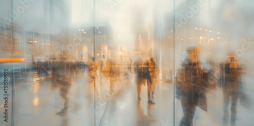 business, bokeh, abstract, background, blur, blurred, defocused, interior, hall, office. blurred image of a large office space in the sun with business people going about their business. Generative Ai