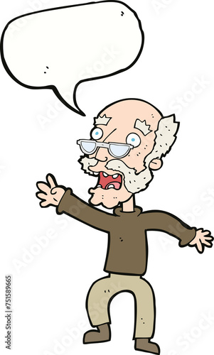 cartoon frightened old man with speech bubble