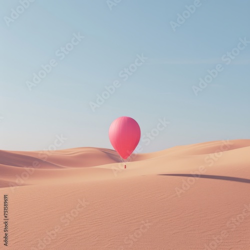 surreal minimal landscape, desert with a big pink scenic balloon alone in a pastel ocra ish scene photo