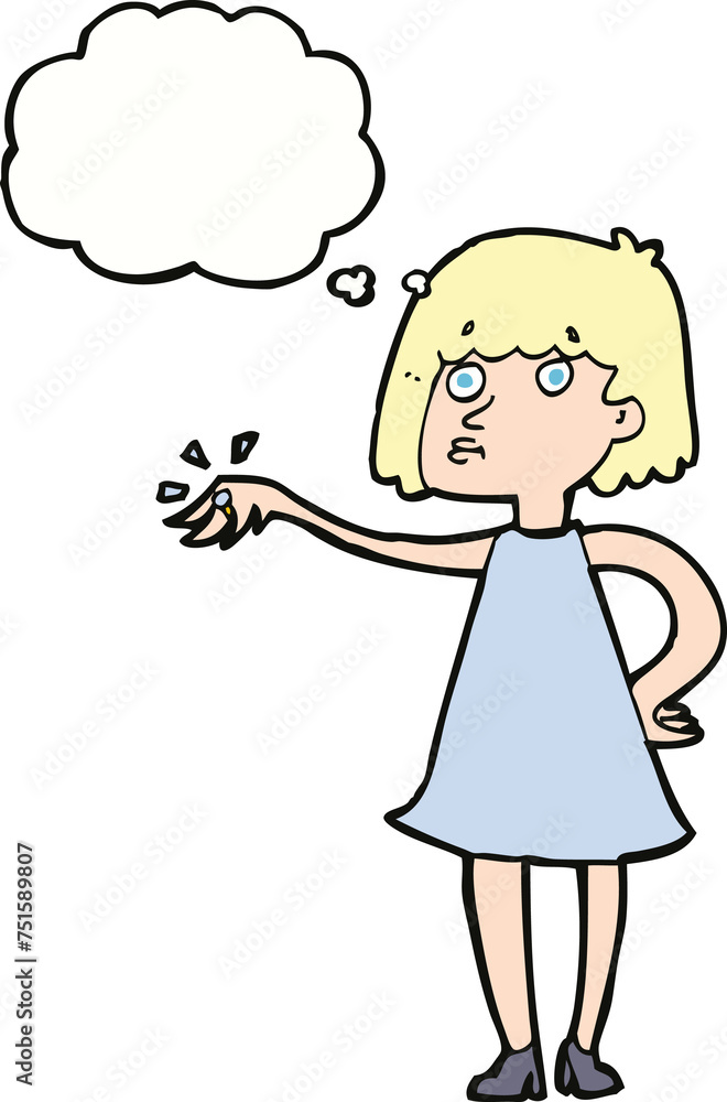 cartoon woman showing off engagement ring with thought bubble cartoon woman showing off engagement ring with thought bubble