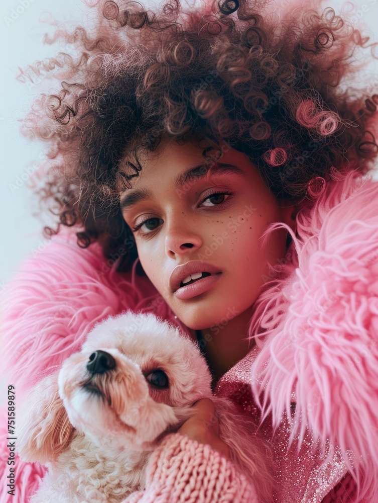 Girl with curly hair hugging a poodle, both wearing pink, in a stylish portrait Girl with curly hair hugging a poodle, both wearing pink, in a stylish portrait