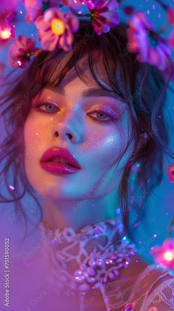 A close-up portrait featuring a woman with glitter makeup and vibrant flowers in a dreamy, atmospheric setting A close-up portrait featuring a woman with glitter makeup and vibrant flowers in a dreamy, atmospheric setting