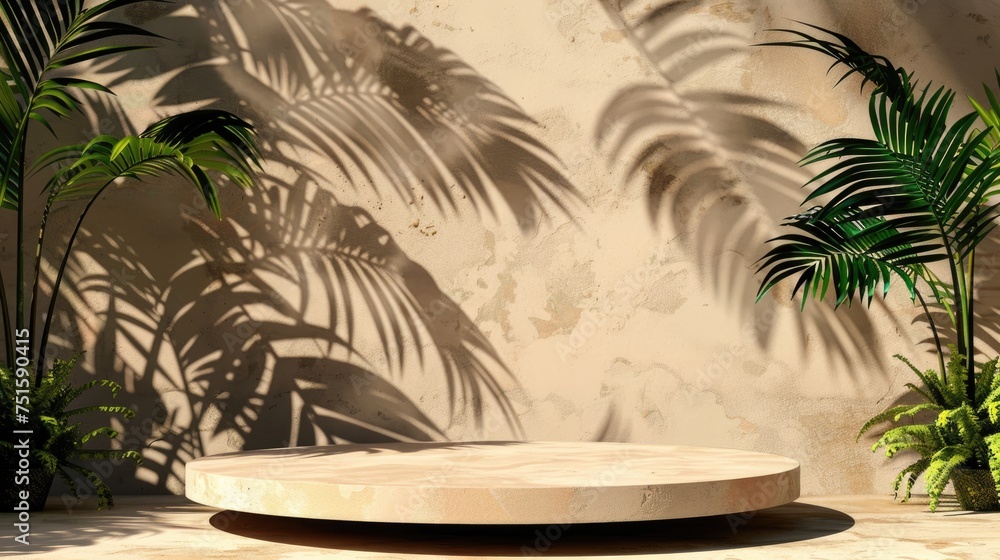 simple beige podium with leaf shadow simple beige podium with leaf shadow