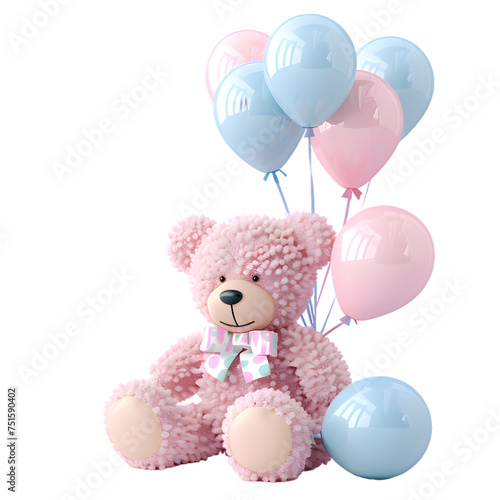 Toy Teddy bear with party balloons isolated on transparent background
