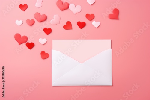 Red paper envelope with white note and hearts on a pink surface.