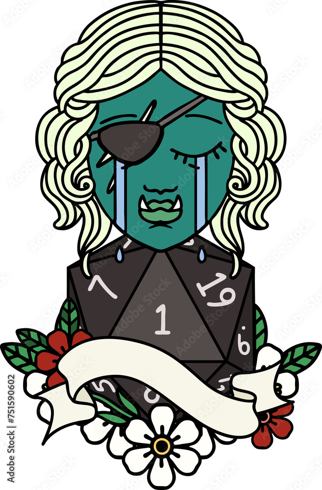 crying orc rogue character face with natural one d20 dice roll illustration crying orc rogue character face with natural one d20 dice roll illustration