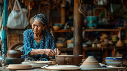 Realistic photo of a beautiful Thai woman enjoying her leisurely work time.