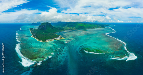 Fototapeta Naklejka Na Ścianę i Meble -  Aerial view: Le Morne Brabant mountain with beautiful lagoon and underwater waterfall illusion, Mauritius island