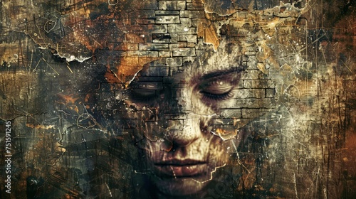 Artistic composite of a woman s face overlaid on a textured old wall  blending art and decay