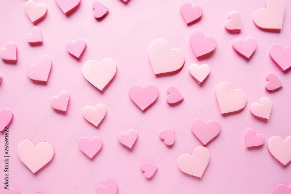 Various shades of pink hearts scattered on a soft pastel backdrop.