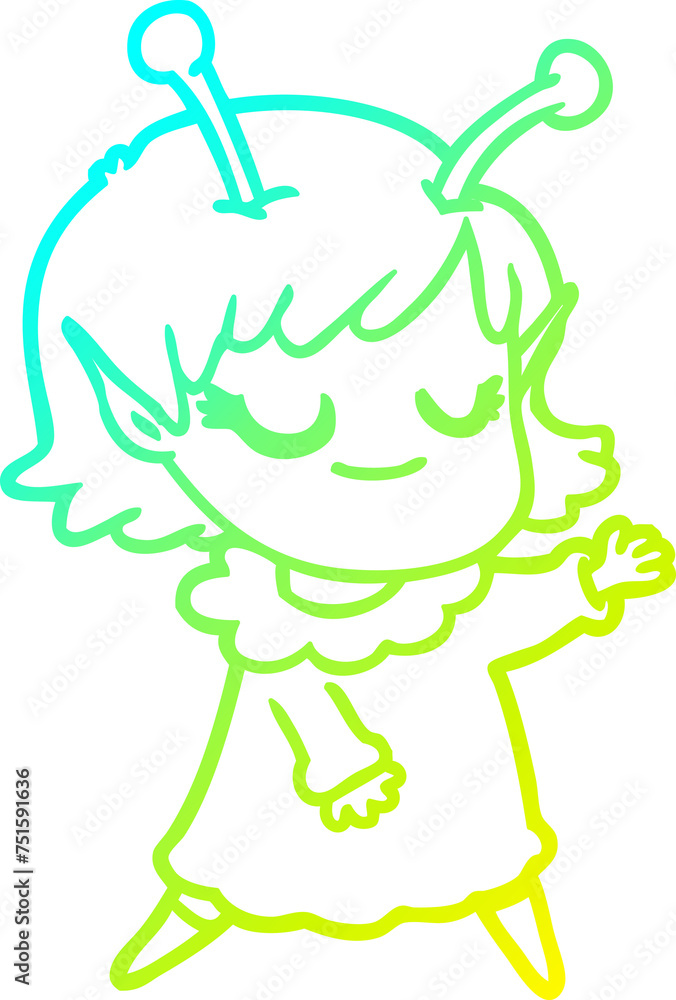 Fototapeta premium cold gradient line drawing smiling alien girl cartoon