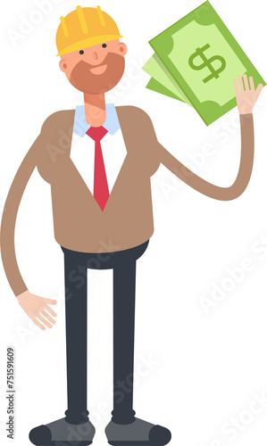 Engineer Character Holding Dollar Banknotes 