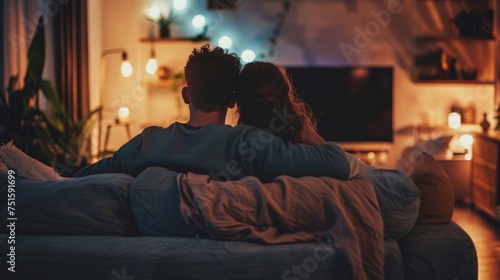 A back view of a couple in a warm embrace enjoying a cozy night in front of the television photo