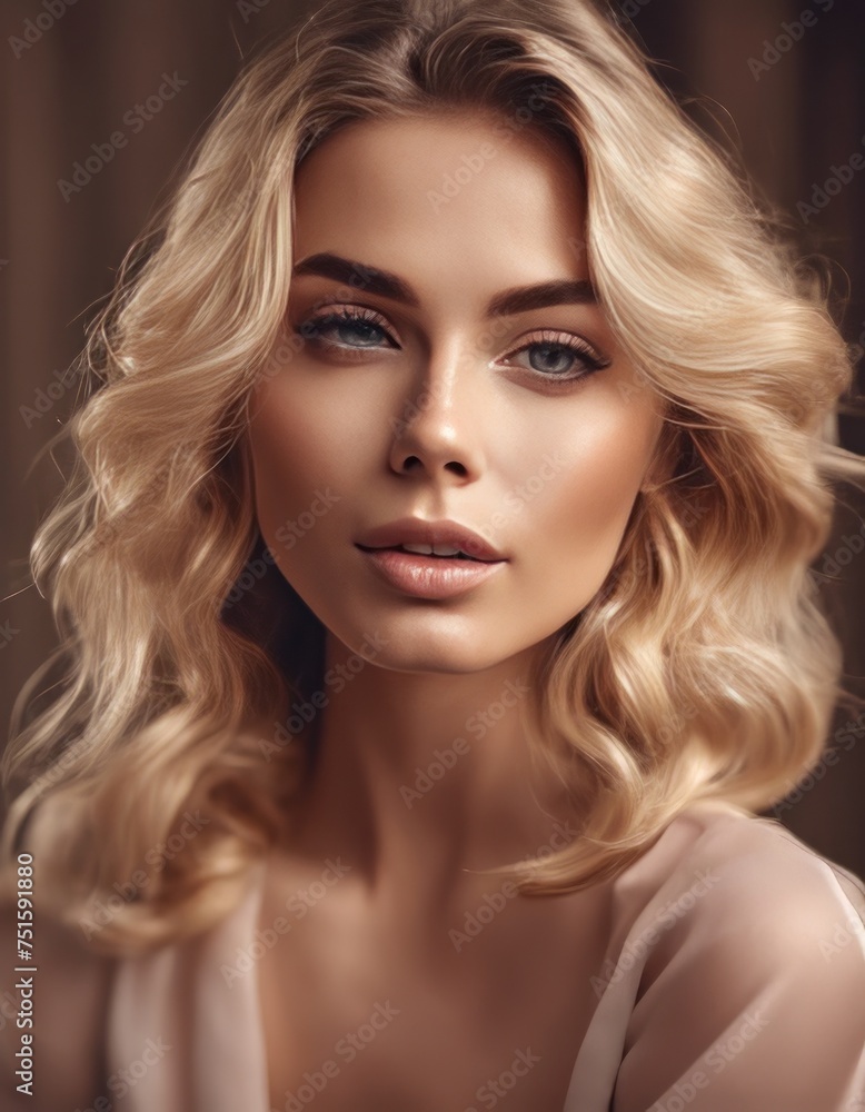 Fototapeta premium Glamour portrait of beautiful woman model with fresh daily makeup and romantic wavy hairstyle. Fashion