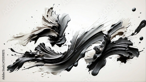 Ink brush stroke in black against a white backdrop. Abstract design reminiscent of Japanese artistic style  resembling Japanese calligraphy