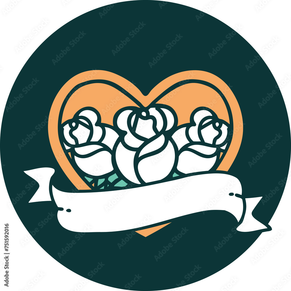 Obraz premium tattoo style icon of a heart and banner with flowers