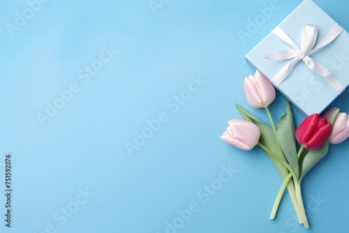 A heart-shaped gift box with tulips on a bright blue background.